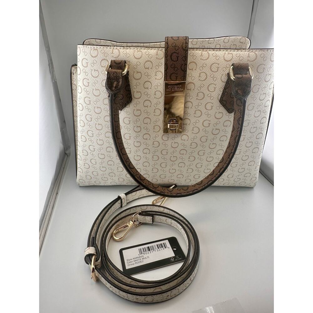 New W Tags: Guess White and Brown Multi Rodez Satchel Bag